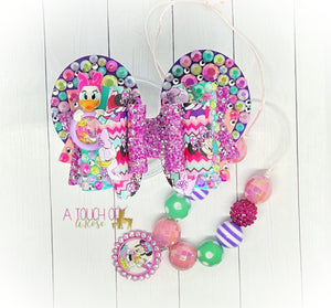Duck and Mouse Hair Bow and Necklace Set