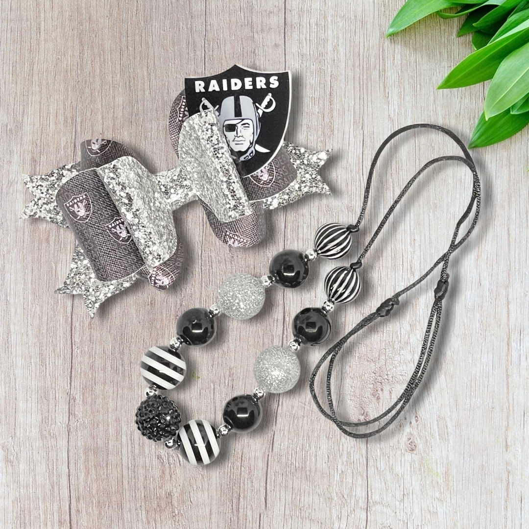 Raiders Inspired Faux Leather Hair Bow and Necklace Set